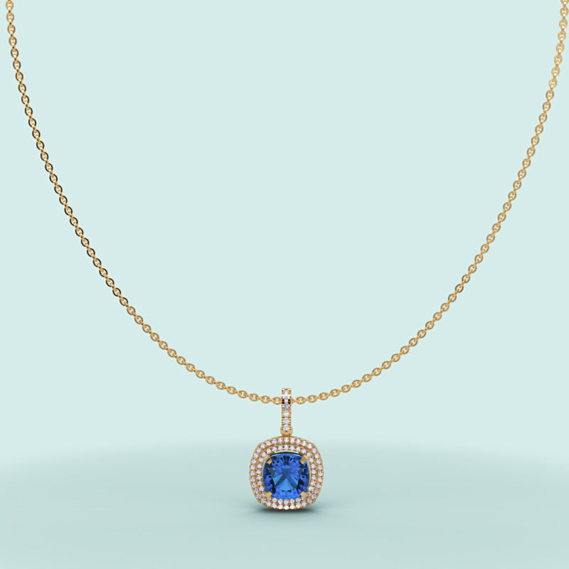 Blue Sapphire Cushion Cut Double Halo Diamond Pendant Necklace In White Gold - Twenty-Three