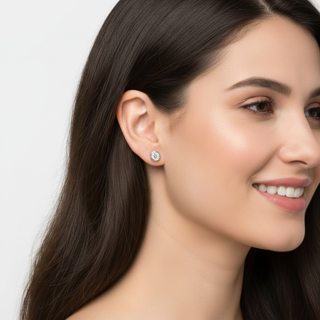 Diamond Bezel Stud Earrings in White Gold with Screw Backs