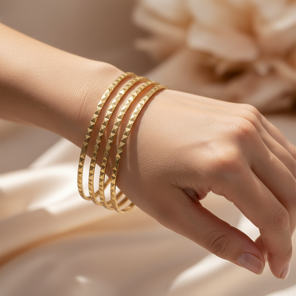 18K Gold Diamond Cut Textured Bangle Bracelet Set of 4