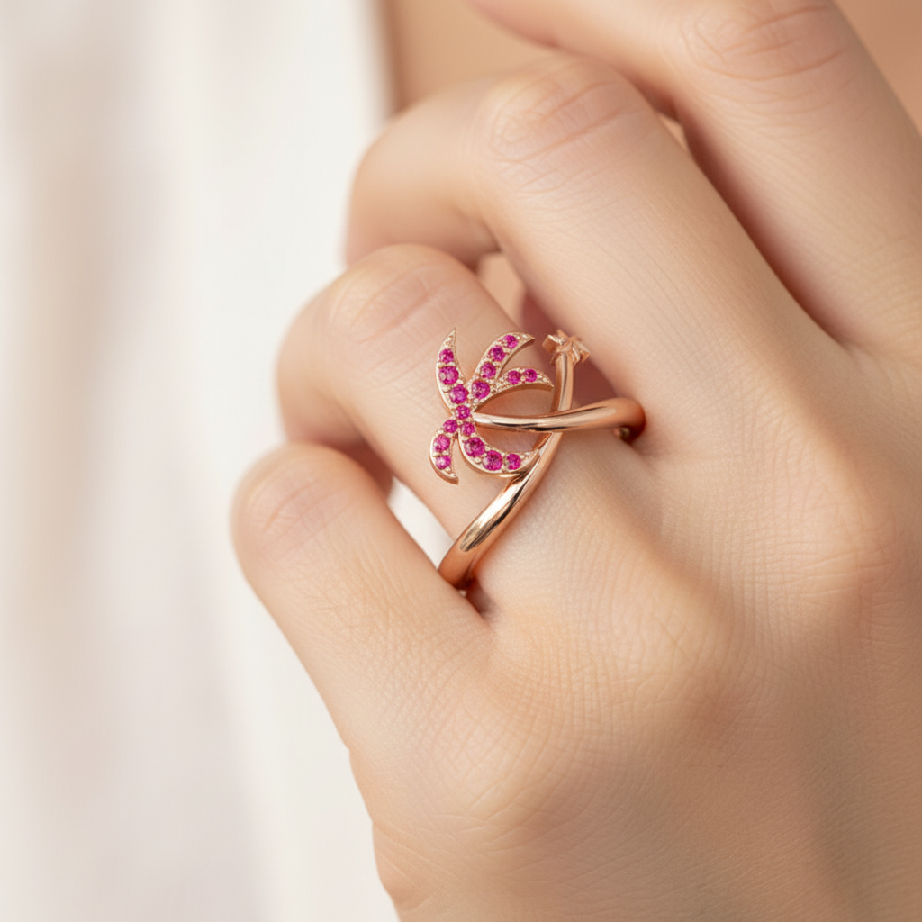 Red Stone Star & Crescent Moon Ring In Pink Gold - Eight