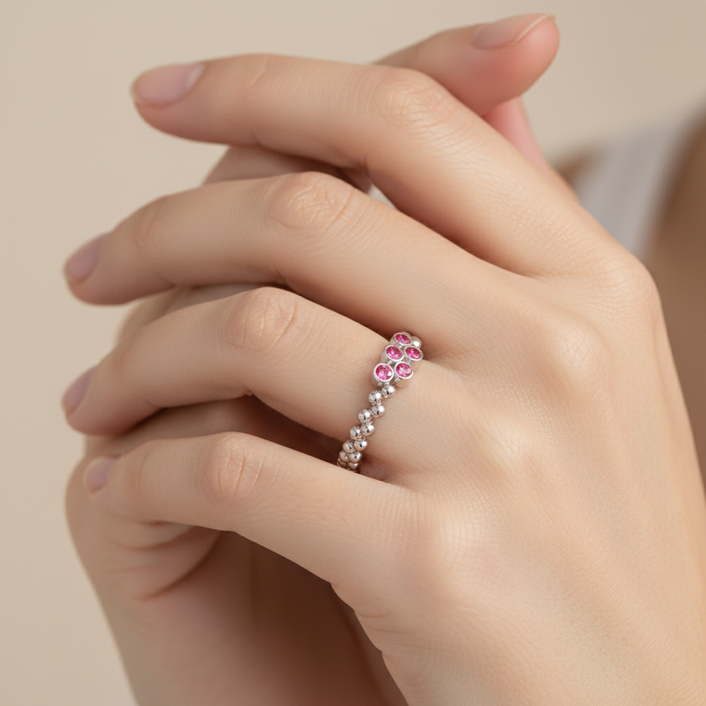 Lab-Grown Ruby Cluster Ring In White Gold – Minimal Beaded Band Stackable Ring | Jebij - Eight