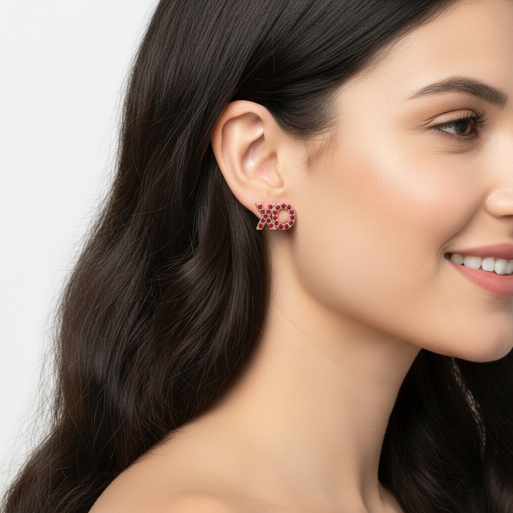 Xo Pink Crystal Stud Earrings With Screw Back Closure - Five