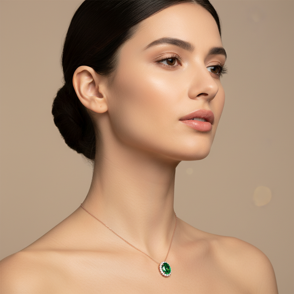 Oval Green Emerald Halo Diamond Pendant Necklace in White Gold