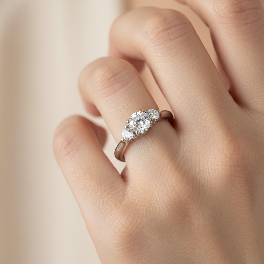 White Gold Three Stone Diamond Engagement Ring with Pear Side Stones