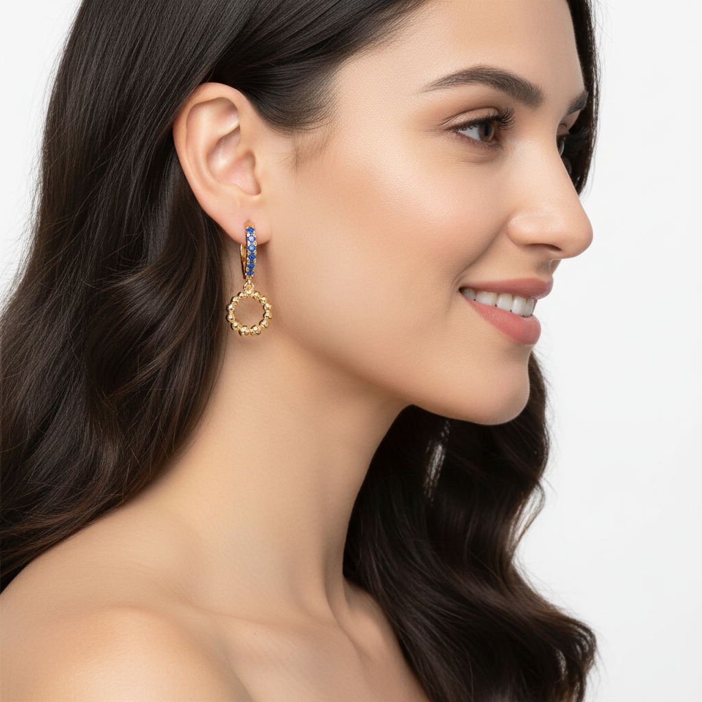 Blue Sapphire Huggie Hoop Earrings with Beaded Circle Drop Charms