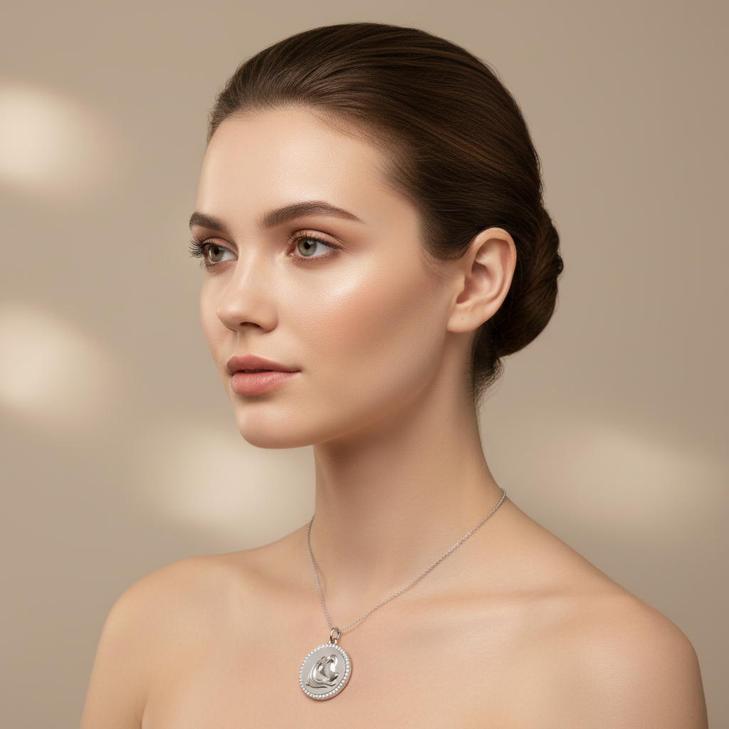 Sterling Silver Aquarius Zodiac Pendant with Diamond Halo Border