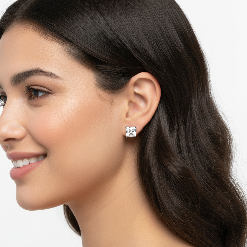 Princess Cut Diamond Stud Earrings with Screw Back in White Gold