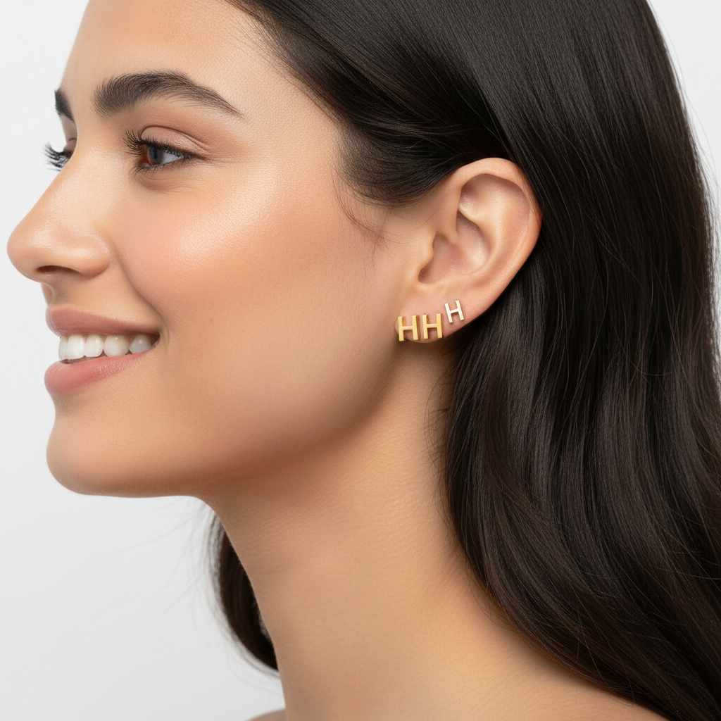 Gold Letter H Initial Stud Earrings with Screw Back