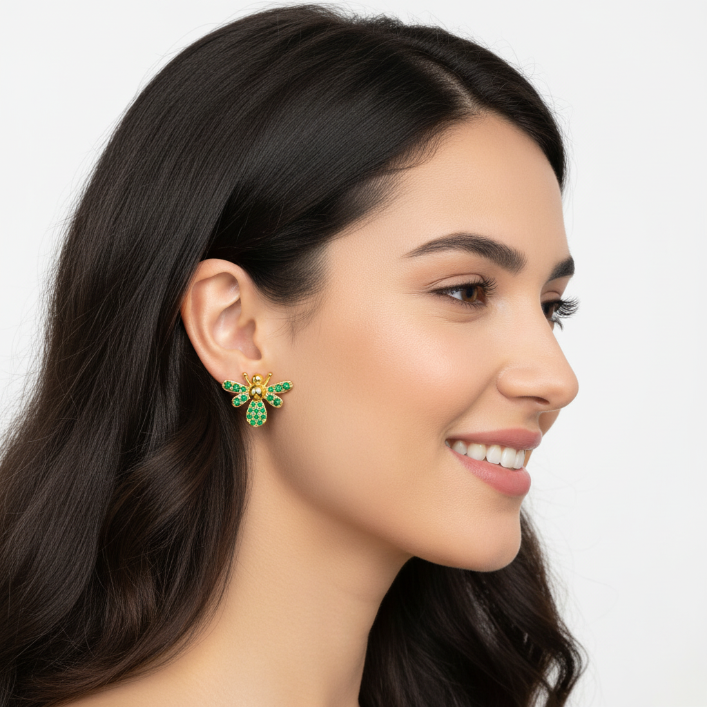 Emerald Bee Stud Earrings With Pav Wings - Five