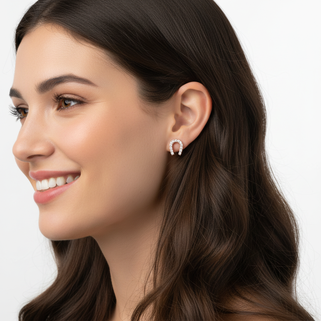 Sterling Silver Horseshoe Stud Earrings with Cubic Zirconia Stones