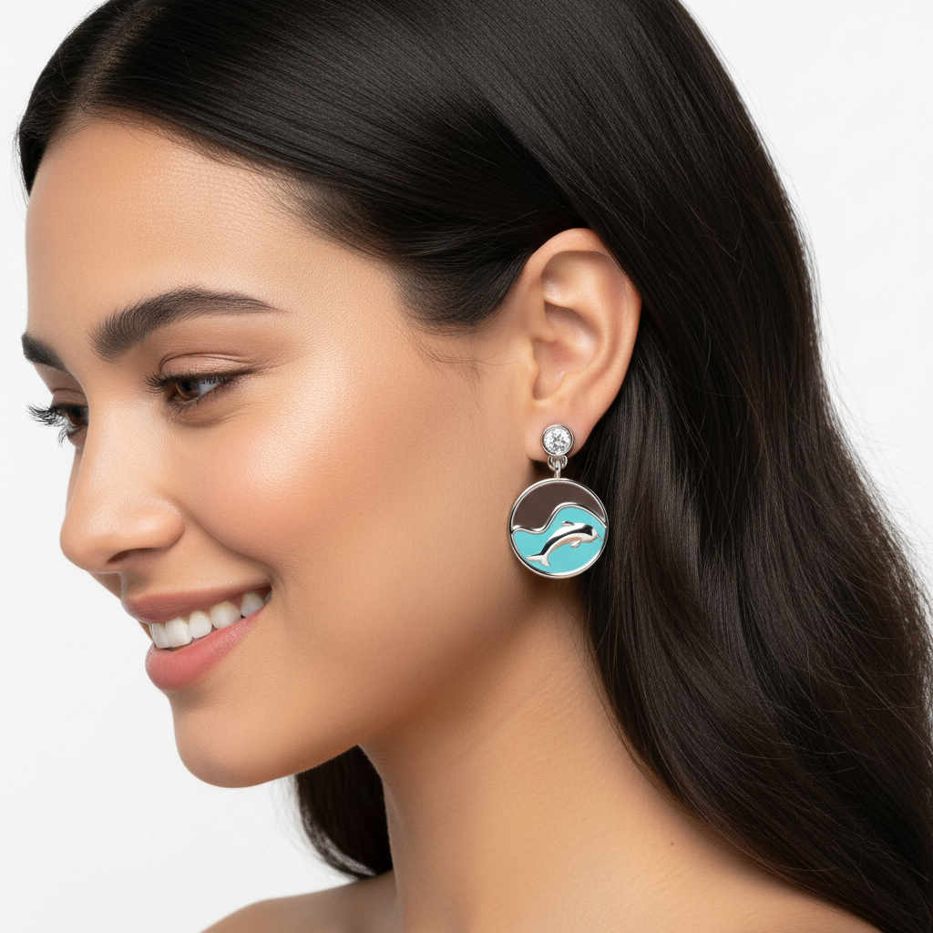 Gold Dolphin Enamel Drop Earrings with Crystal Stud Blue Wave Design Dangle Earrings