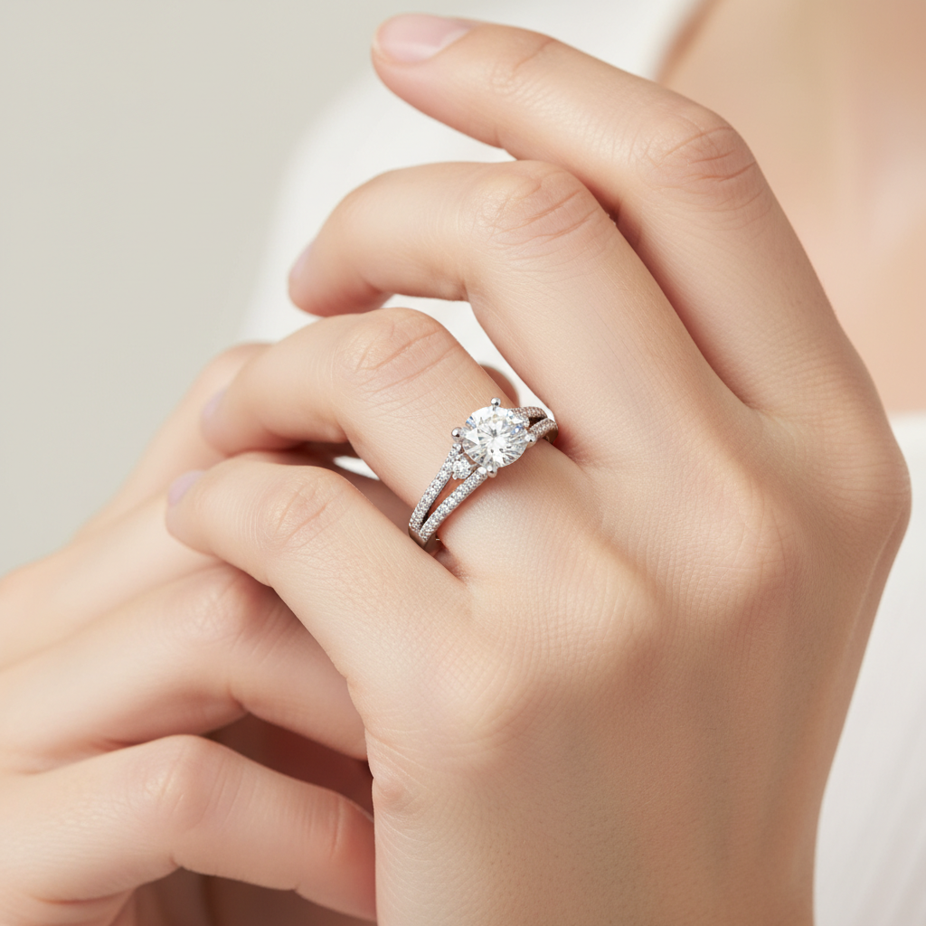 White Gold Round Cut Diamond Engagement Ring with Pav Band