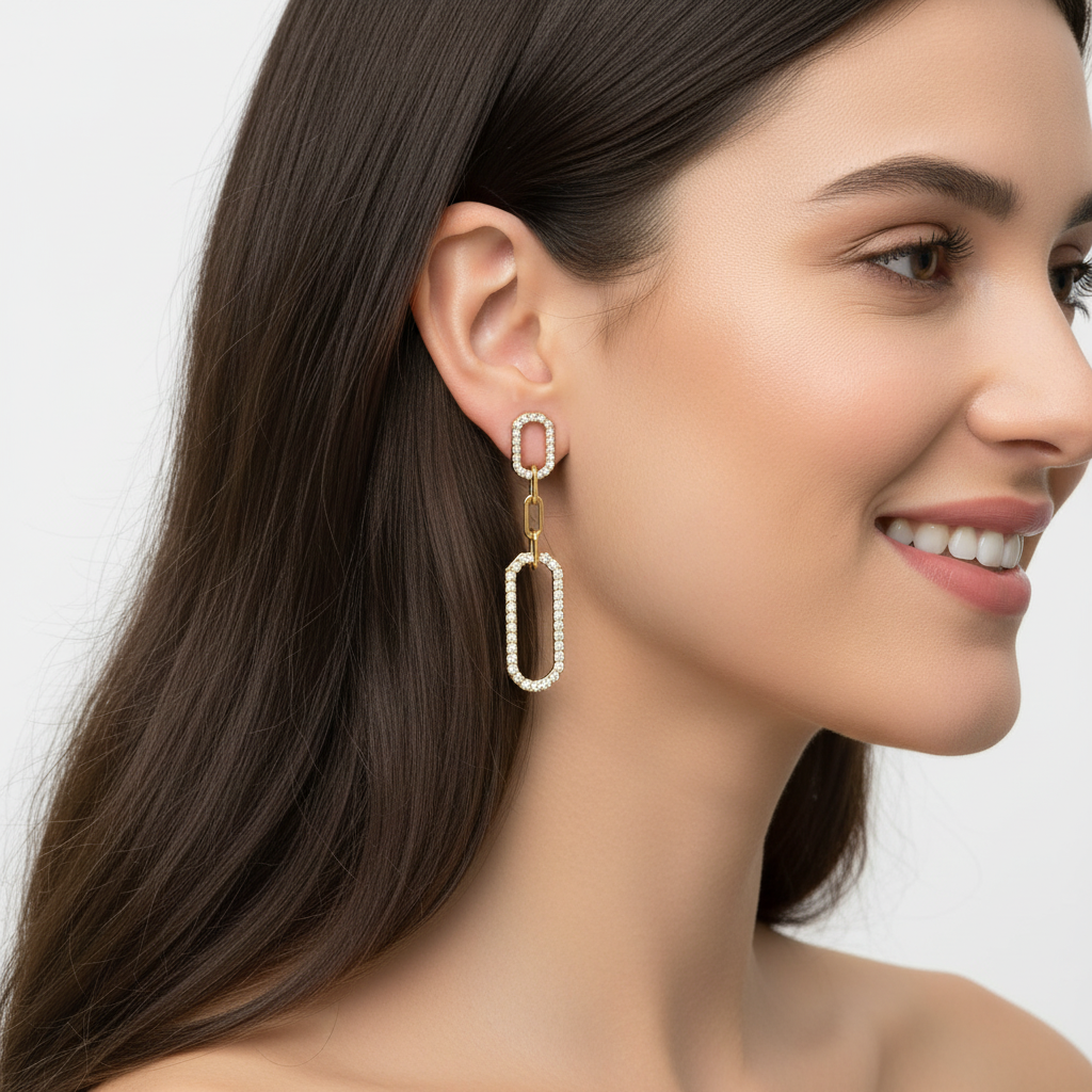 White Diamond Link Drop Earrings Pave Oval Chain Statement Dangle Design - Five