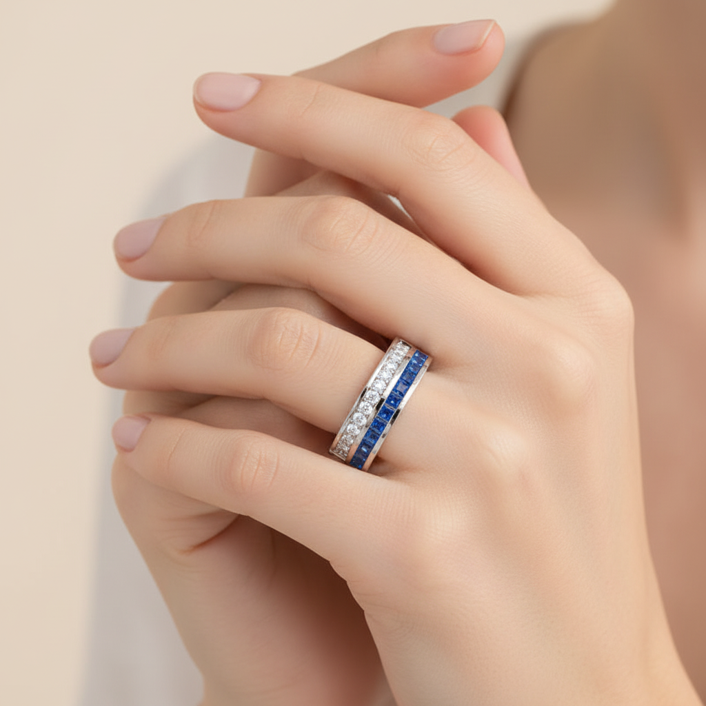 Blue Sapphire and Diamond Channel Set Double Band Ring