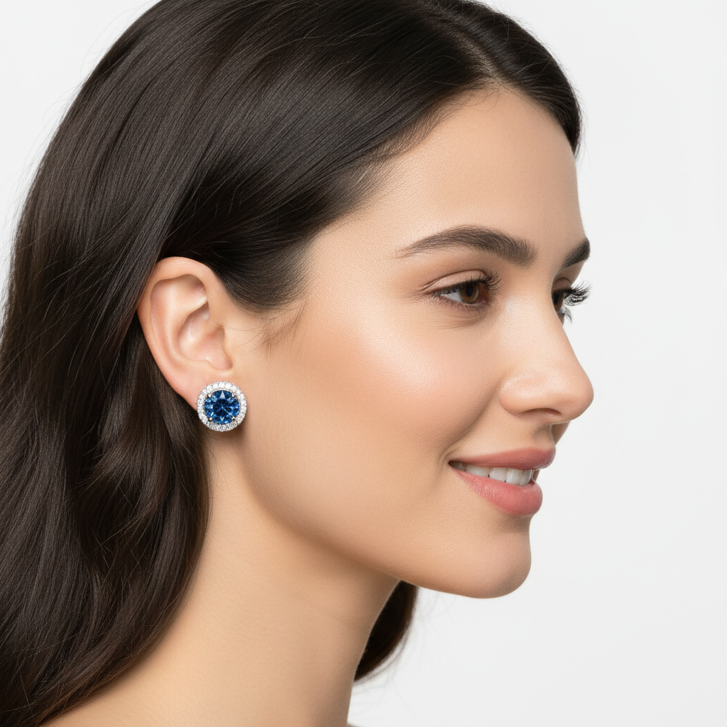 Blue Sapphire Diamond Halo Stud Earrings in White Gold