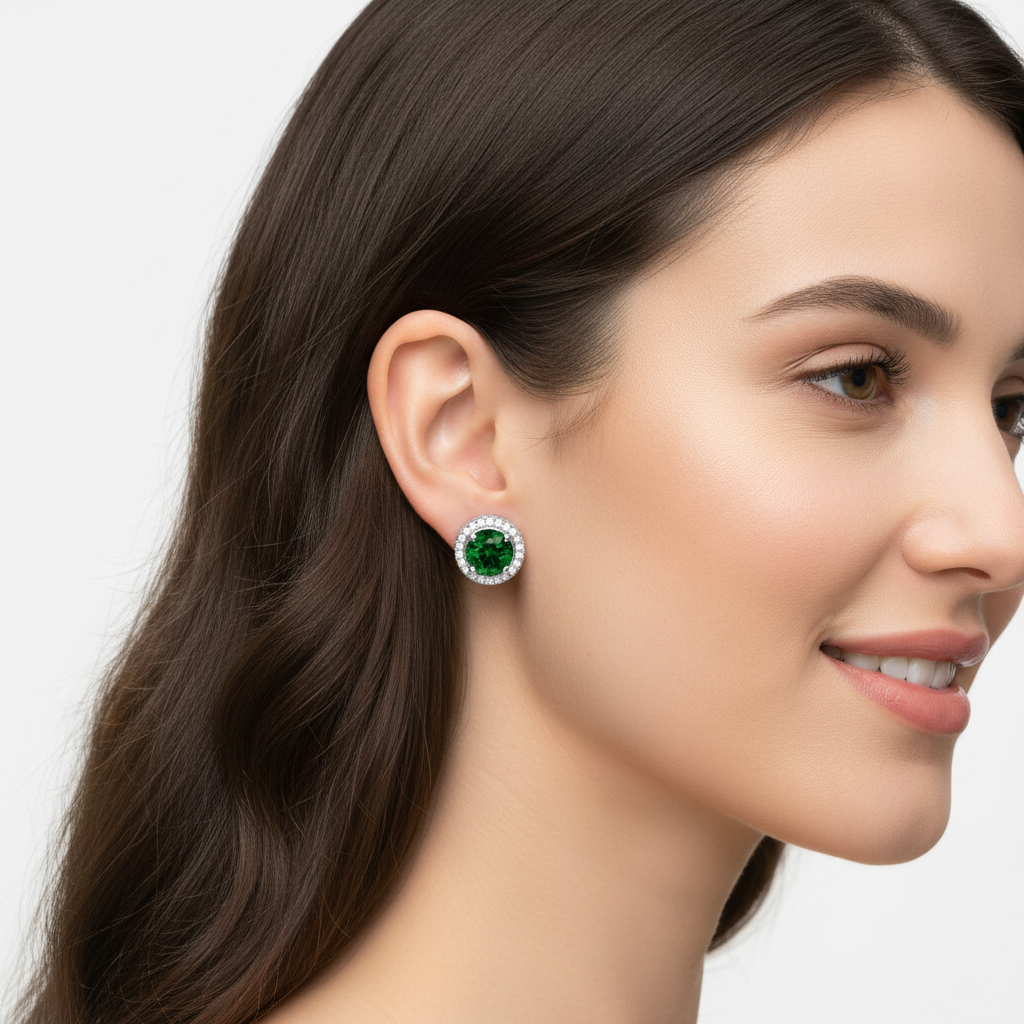 Sterling Silver Green Emerald Earrings – Halo Stud With Diamond Accents For Women - Three