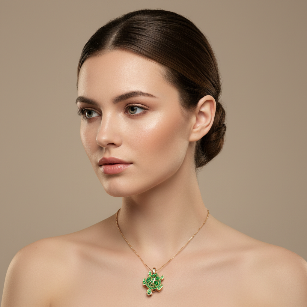 Green Crystal Sea Turtle Pendant Necklace Sterling Silver