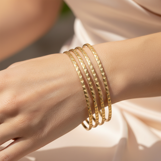 18K Gold Diamond Cut Textured Bangle Bracelet Set of 4