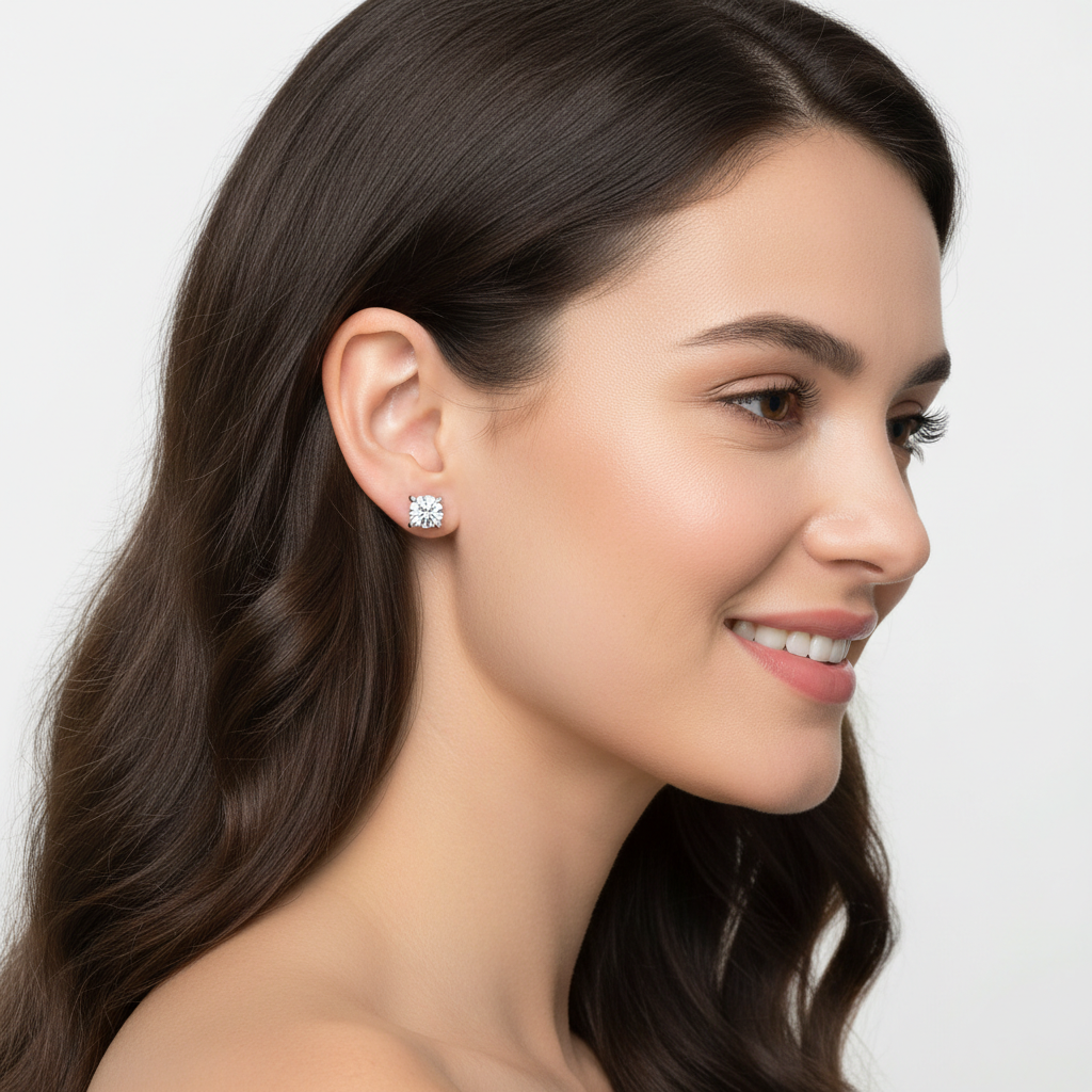 Round Diamond Solitaire Stud Earrings in White Gold Four Prong Setting