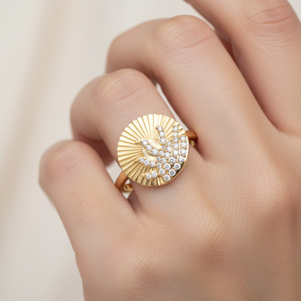 Diamond Sunburst Wave Ring With Textured Disc Design - Eight