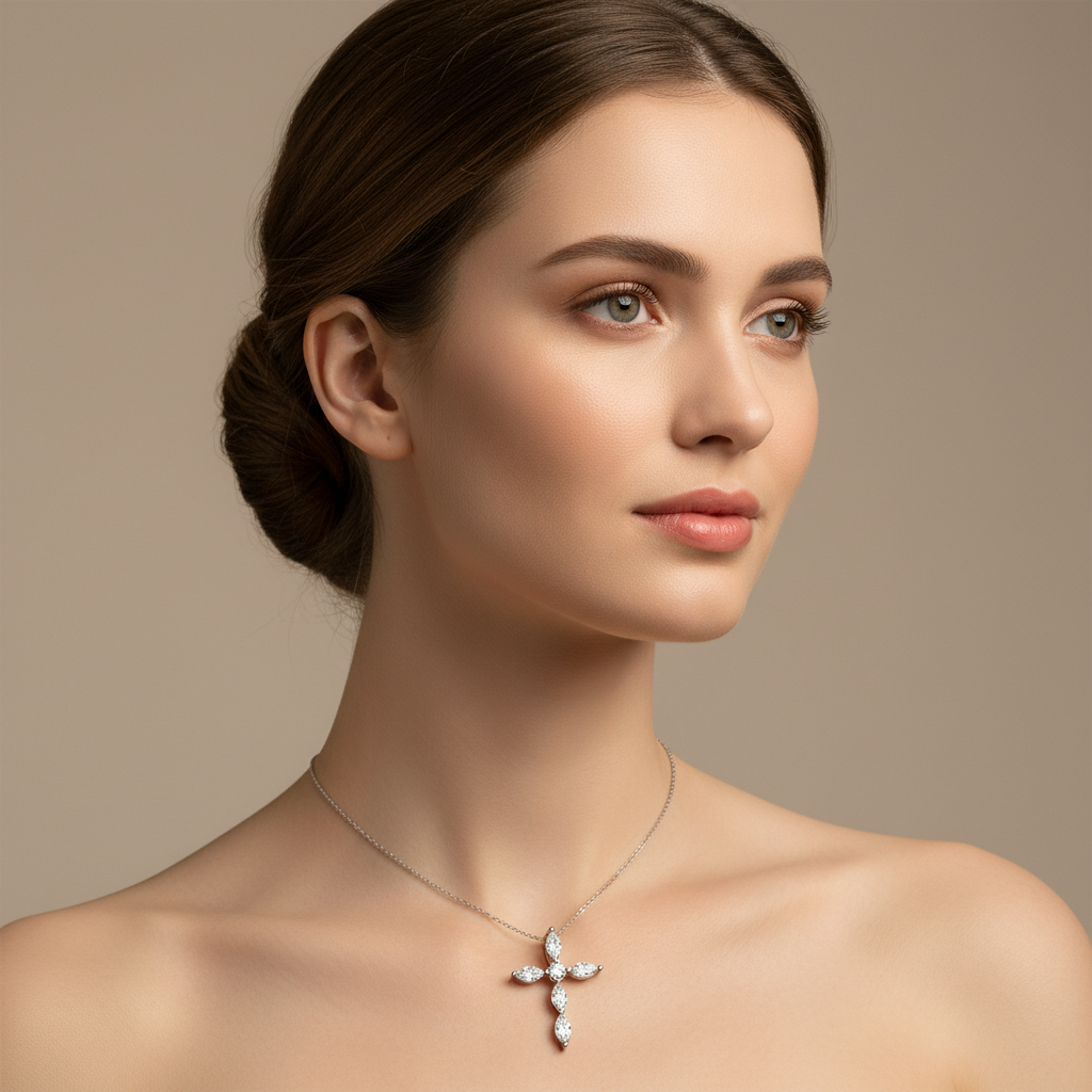 Marquise Diamond Cross Pendant Necklace in White Gold
