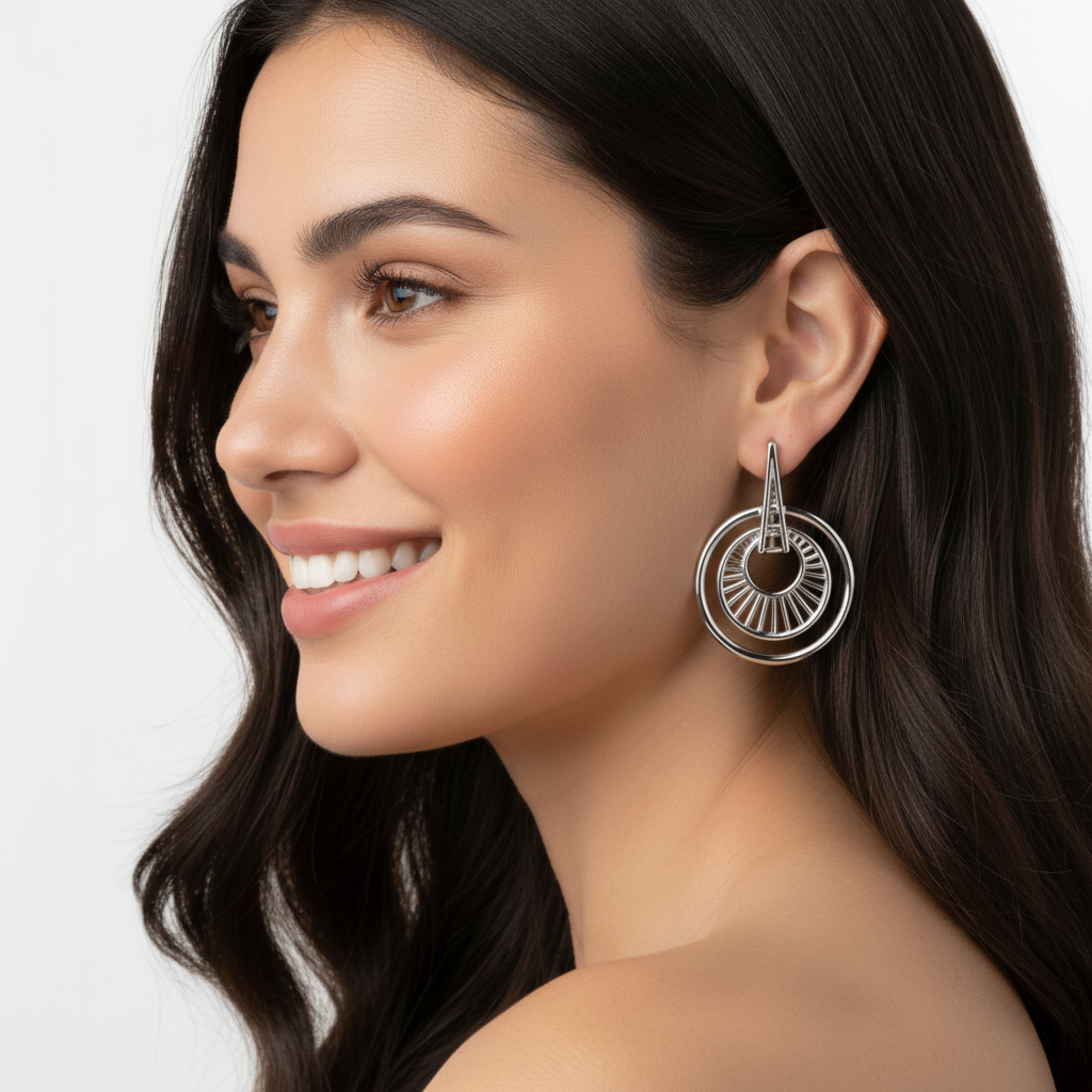 Gold Double Circle Drop Earrings with Sunburst Design 16mm Dangle Earrings