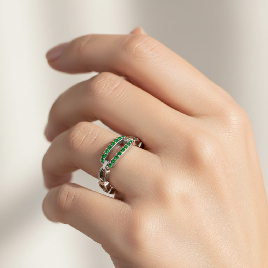 Lab-Grown Emerald Interlocking Link Ring in White Gold | Modern Chain Style Statement Ring for Women | Jebij