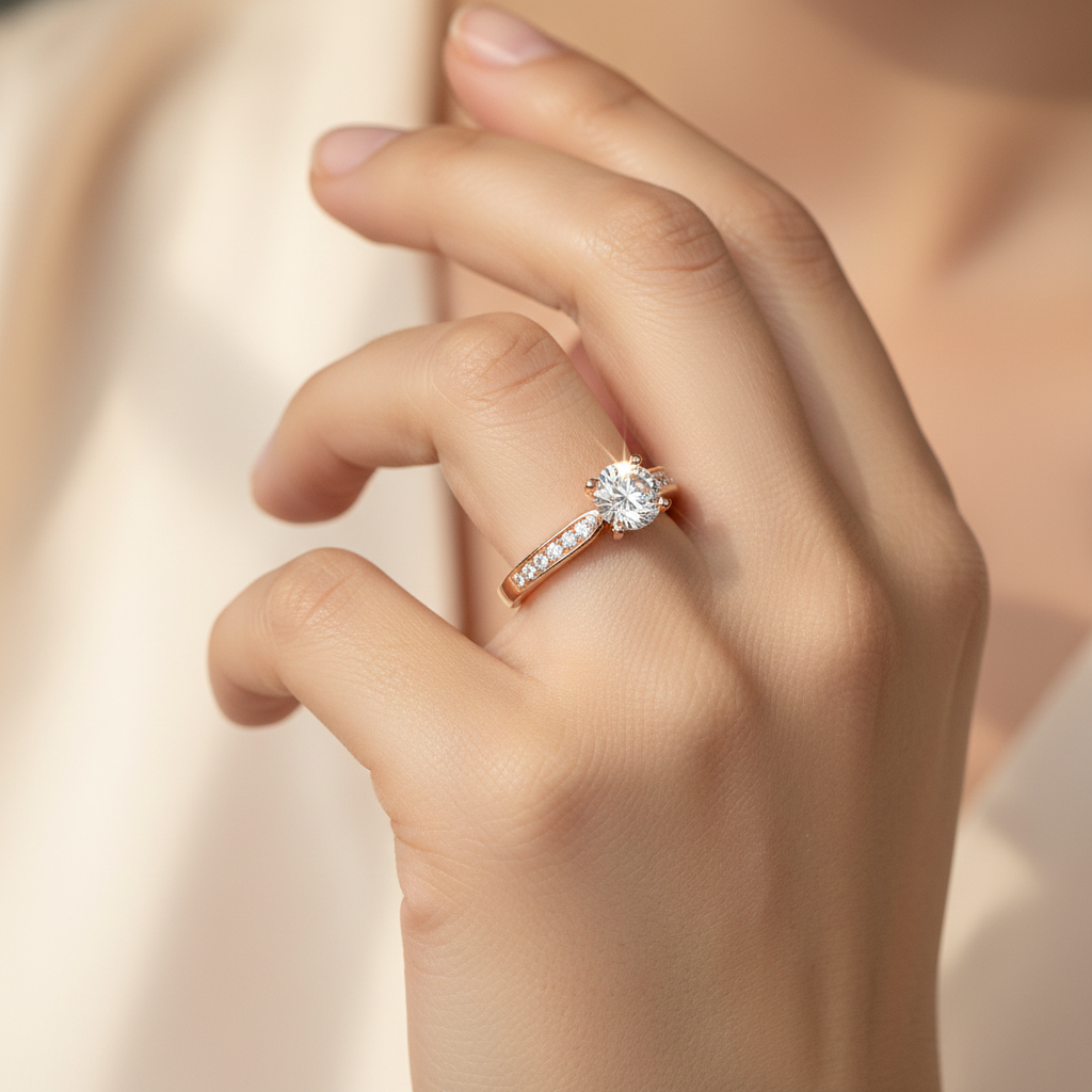 Rose Gold Solitaire Diamond Engagement Ring with Pav Band