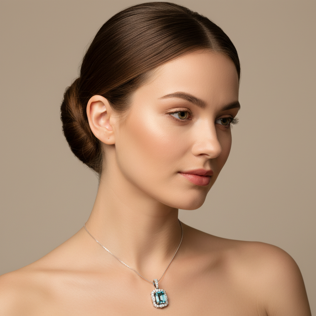 Emerald Cut Blue Topaz Halo Pendant Necklace in Sterling Silver