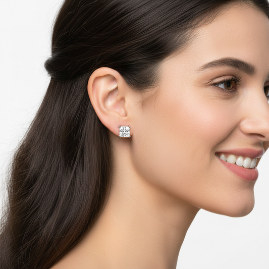 Princess Cut Diamond Stud Earrings with Screw Back in White Gold