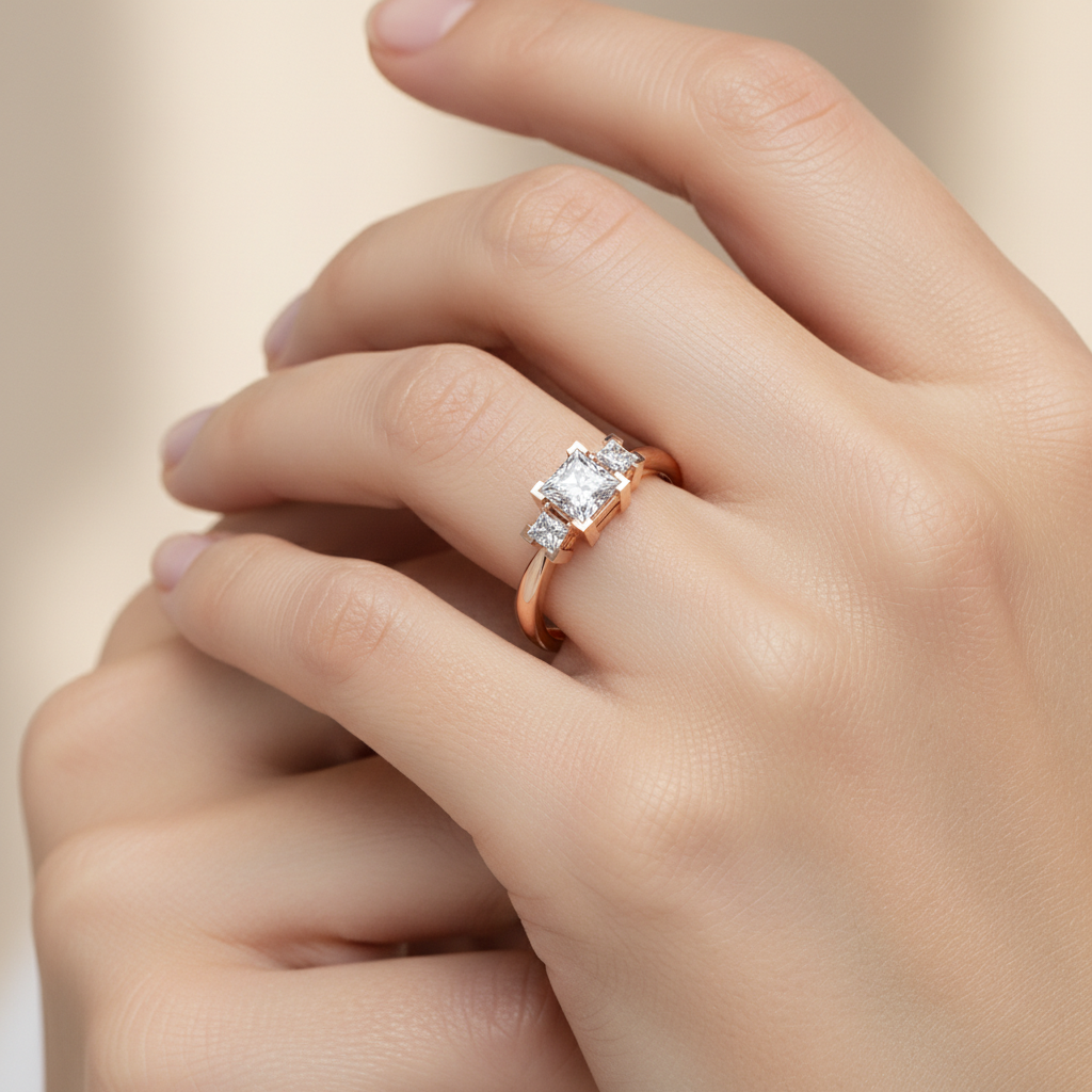 Rose Gold Princess Cut Three Stone Diamond Engagement Ring