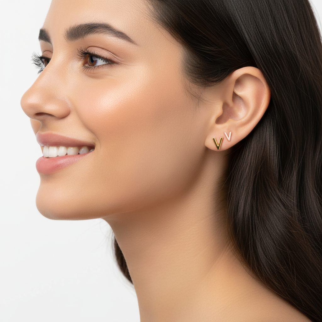 Gold Letter V Initial Stud Earrings