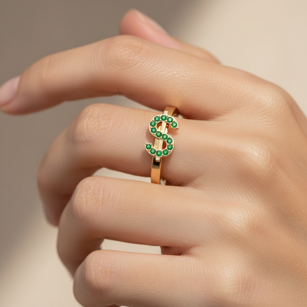 Green Emerald Dollar Sign Statement Ring
