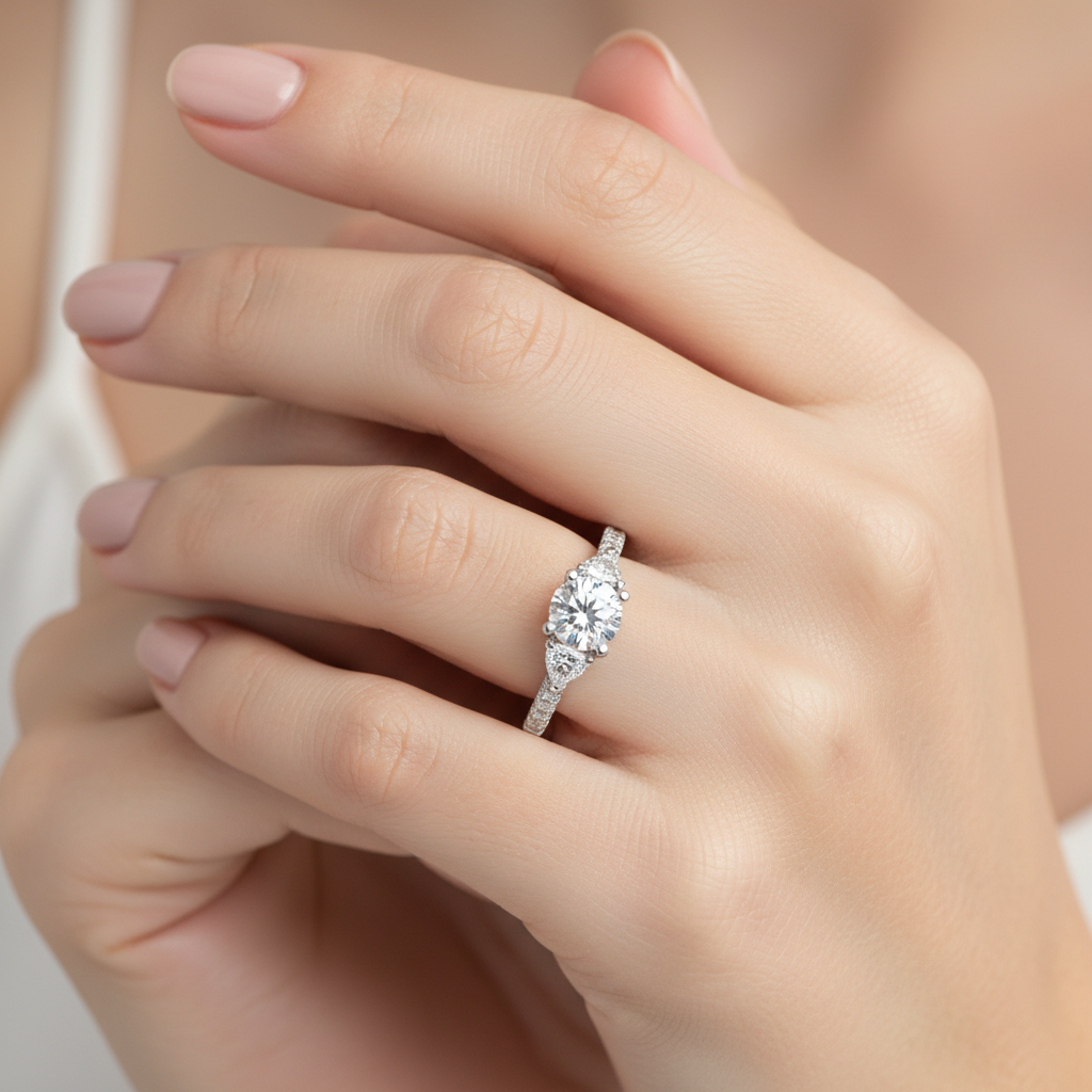 Rose Gold Three Stone Round Cut Diamond Engagement Ring with Pave Band