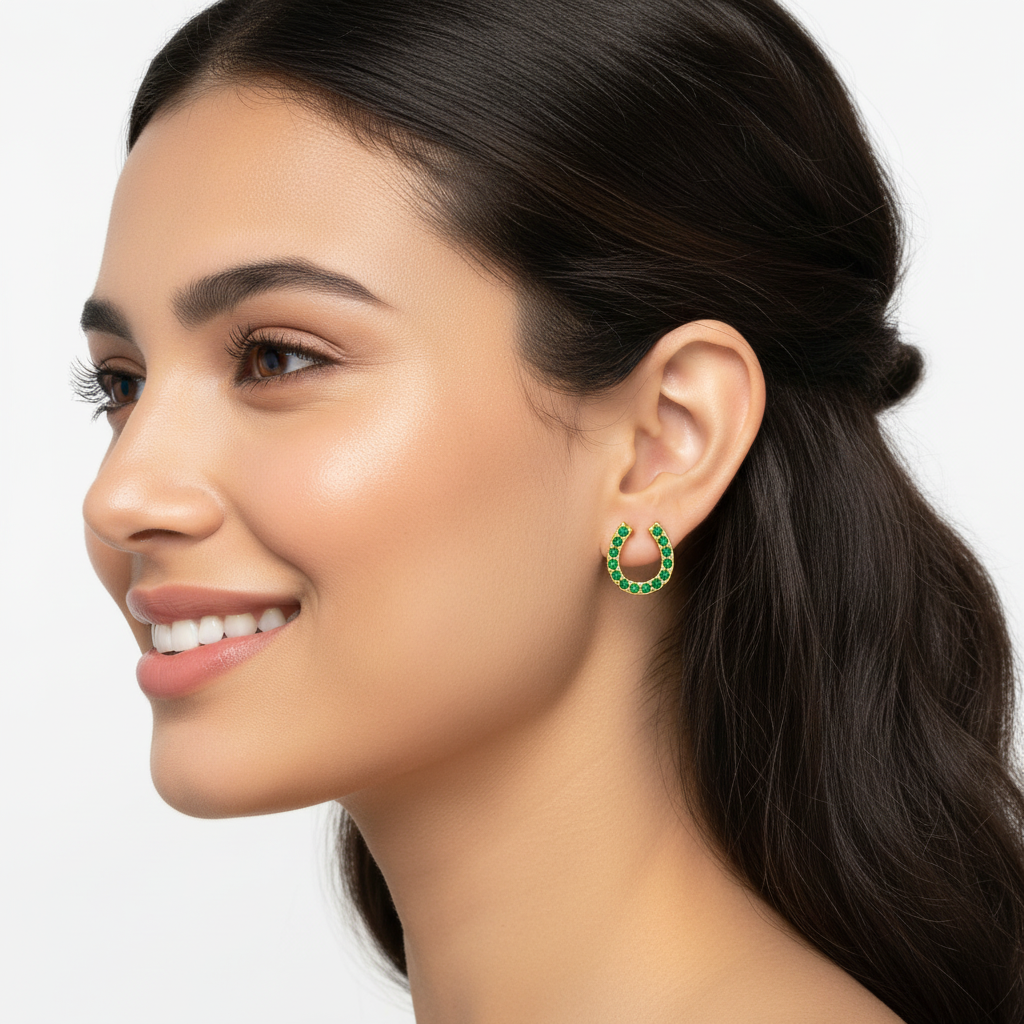 Emerald Horseshoe Stud Earrings With Screw Back Closure - Five