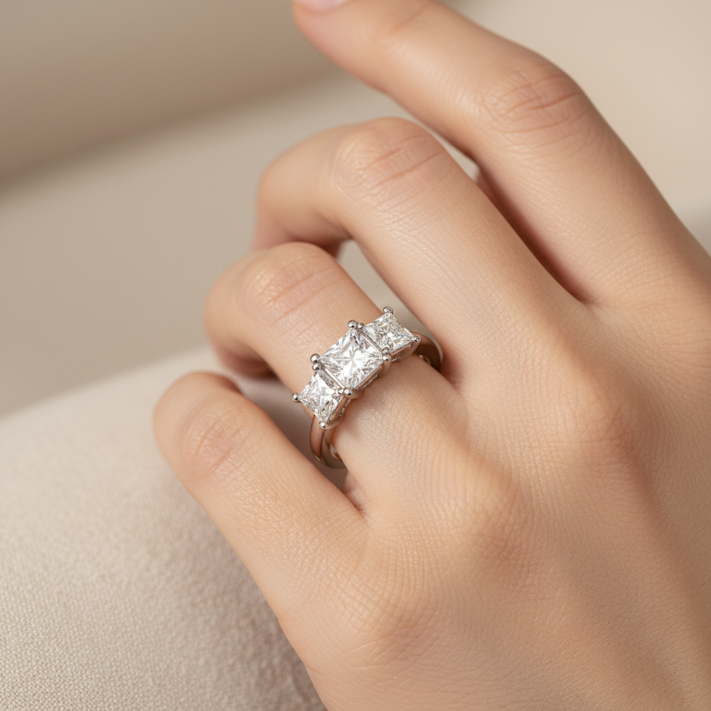 White Gold Three Stone Princess Cut Diamond Engagement Ring