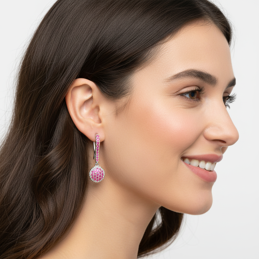Pink Crystal Pav Disc Drop Earrings With Hook Closure - Five