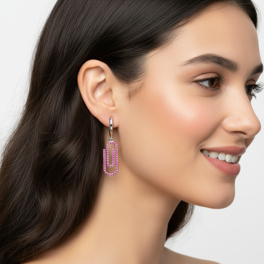 Pink Sapphire Paperclip Link Huggie Hoop Earrings - Five