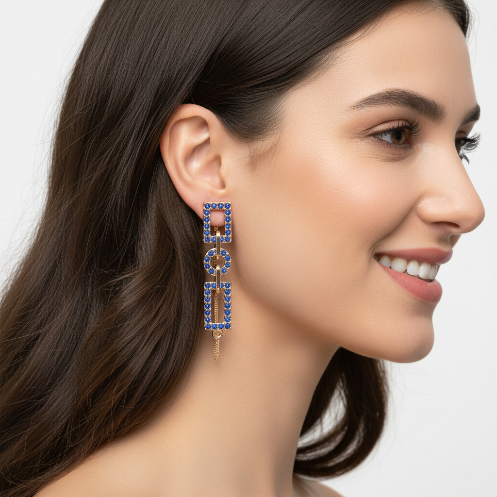 Blue Gemstone Geometric Chain Link Drop Earrings - Five