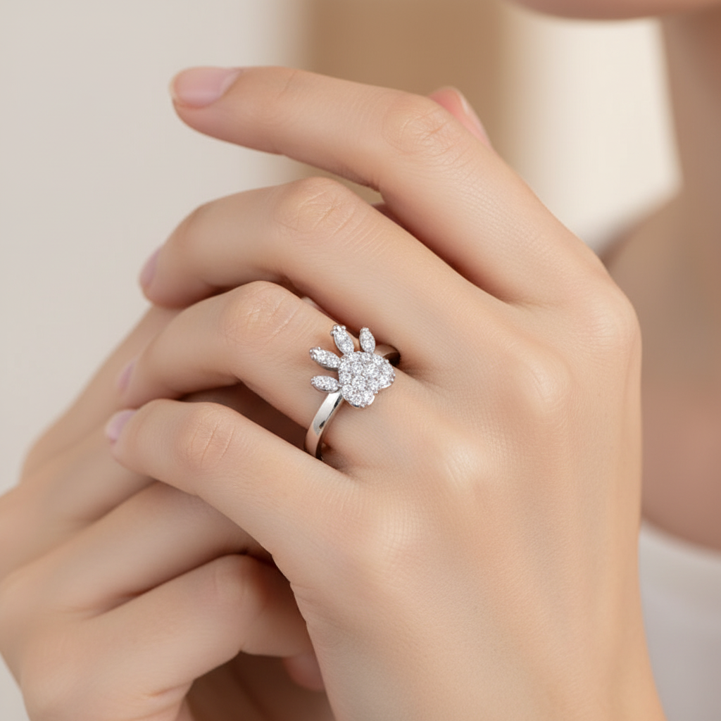 Paw Print Diamond Ring With Cluster Stones Delicate Band - Eight