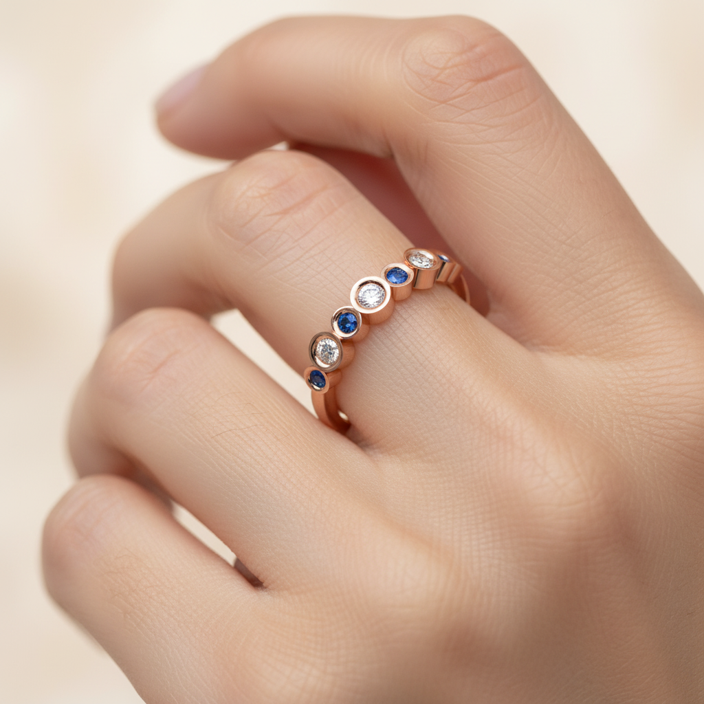 Bezel Set Blue Sapphire and Diamond Stackable Band Ring