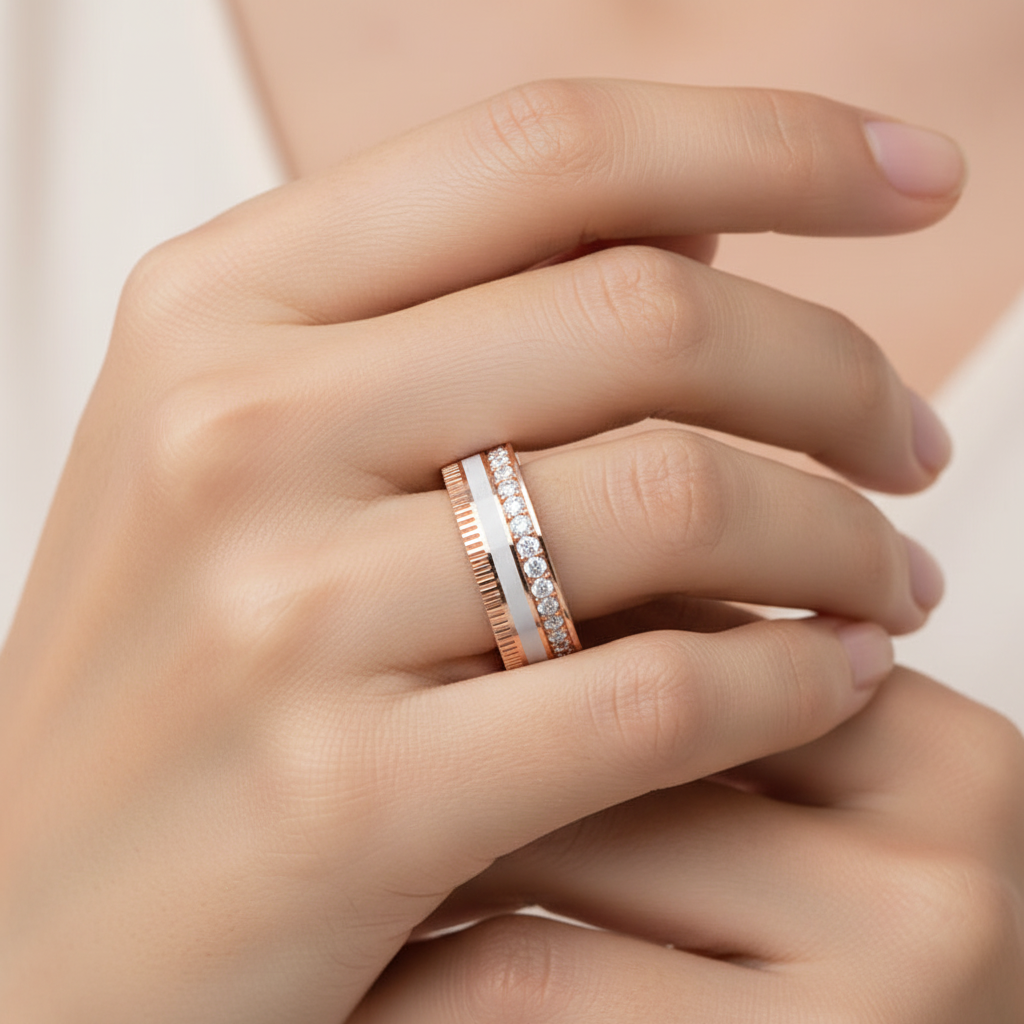Rose Gold Diamond Band Ring with White Enamel Center – Modern Customizable Statement Ring | Jebij