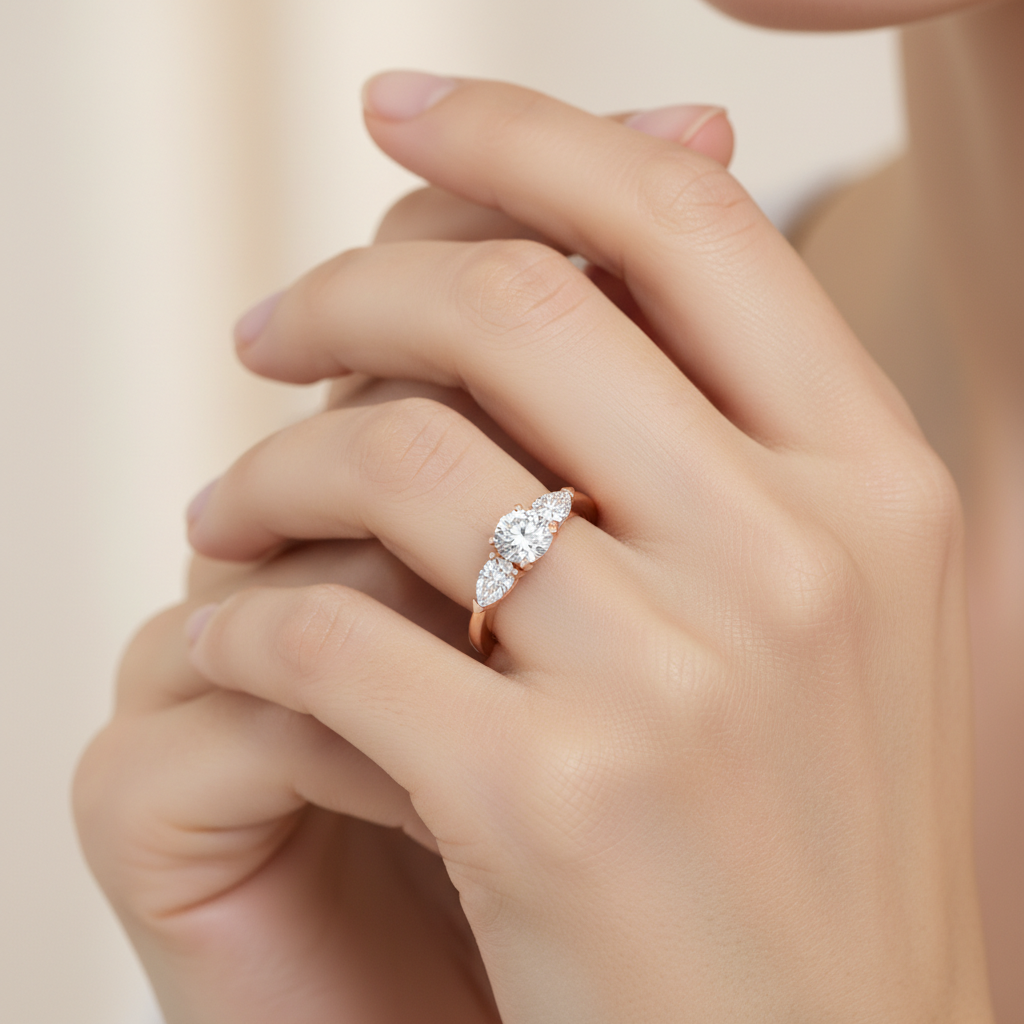 Rose Gold Three Stone Diamond Engagement Ring With Pear Side Stones - Fourteen