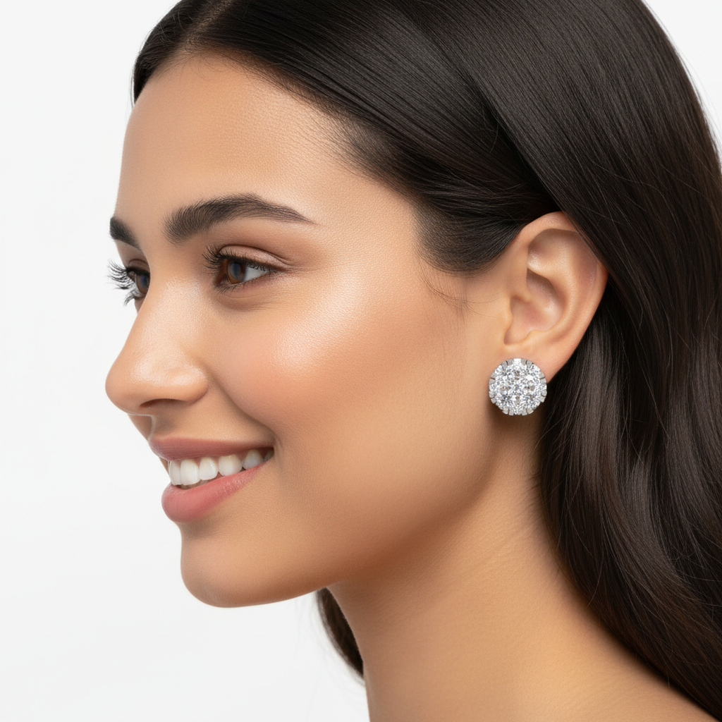 Diamond Cluster Halo Stud Earrings in White Gold