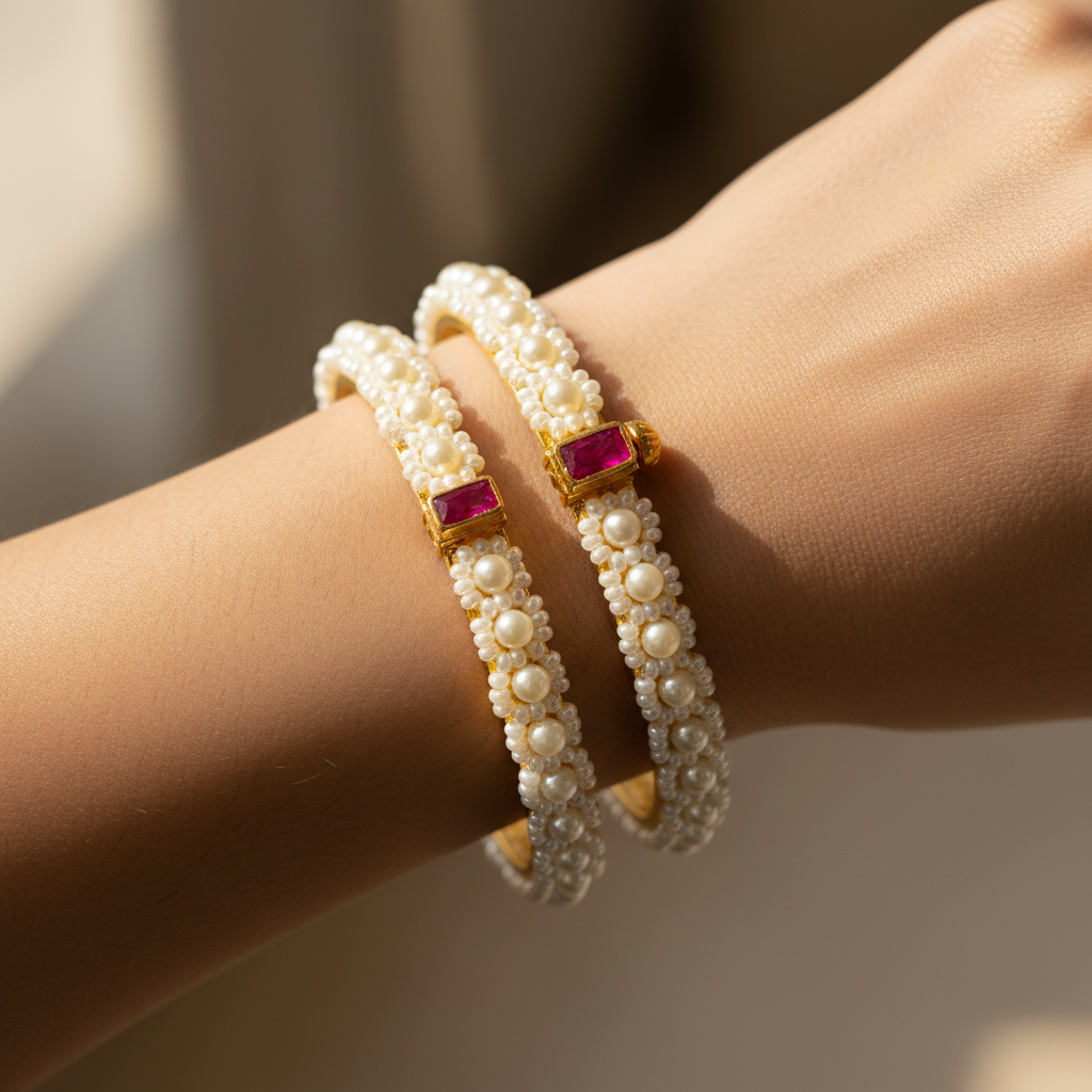 Hand Crafted Pearl Gold Plated Bangles with Pink Stone Accents Set of 2
