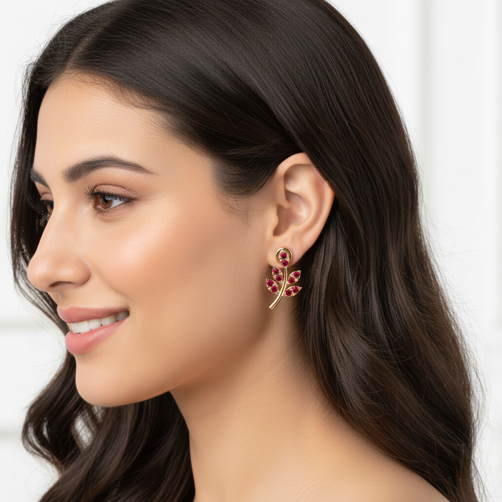 Red Crystal Leaf Branch Ear Jacket Stud Earrings - Five