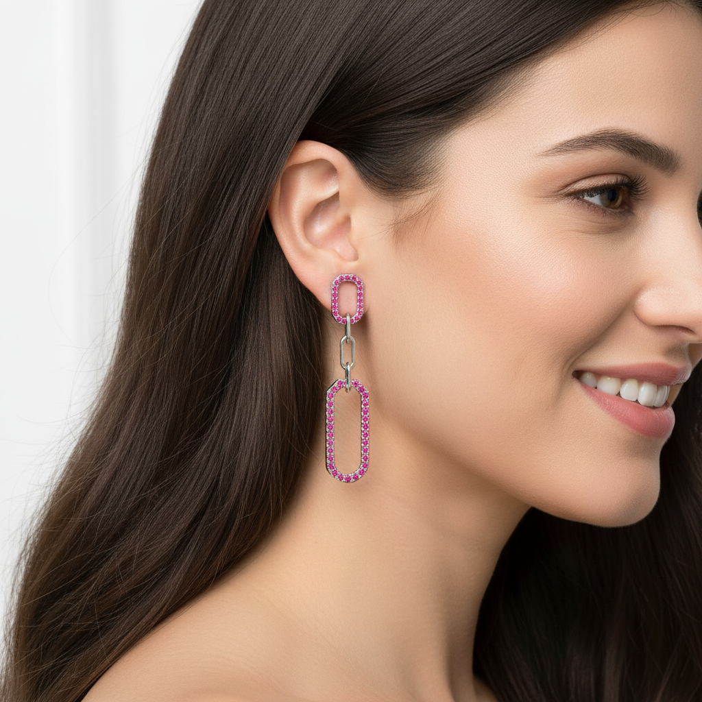 Pink Lab Grown Gemstone Link Drop Earrings Pave Oval Chain Statement Dangle Design - Five