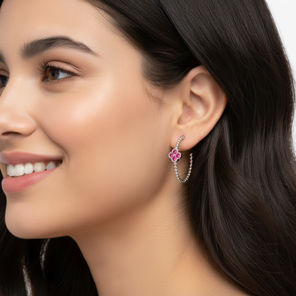 Beaded Hoop Earrings With Pink Crystal Flower Accent - Five