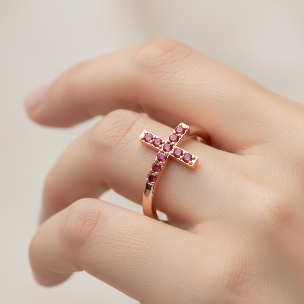 Ruby Cross Ring With Pav Gemstones In Rose Tone Finish - Eight