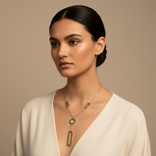 Lab-Grown Emerald Geometric Drop Y Necklace In White Gold | Modern Pave Circle & Bar Design (16–17 Inch Adjustable) | Jebij - Two